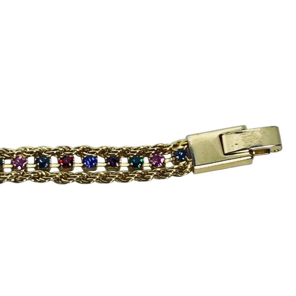 Gold Tone And Multicolored Rhinestones Triple Strand Tennis Bracelet (5720) - Picture 6 of 12